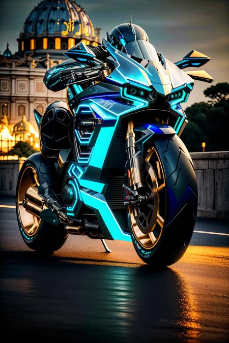 <lora:zzfutbikzz_v1:1> zzfutbikzz
masterpiece, highly detailed photorealistic 8k raw photo, best cinematic quality, volumetric lighting and shadows
metallic blue motorcycle, glowing, metallic, human on motorcycle, mecha style, reflective
(vatican city background:1.2)