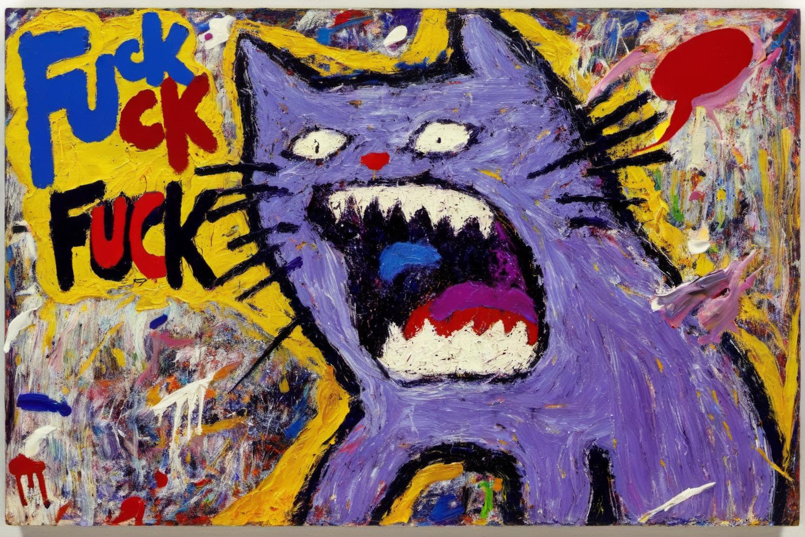 A large purple cat with a mouth open on a colorful background.