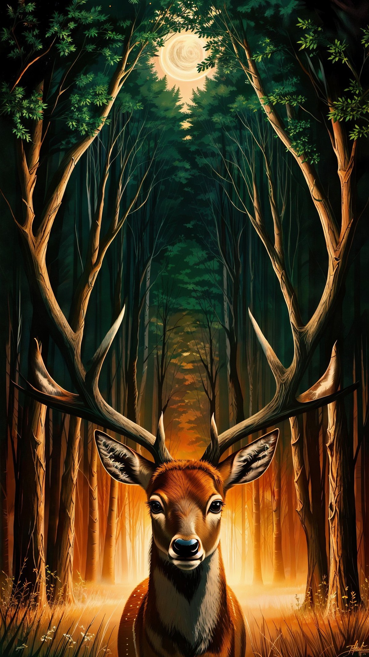 A deer standing in a forest next to trees.