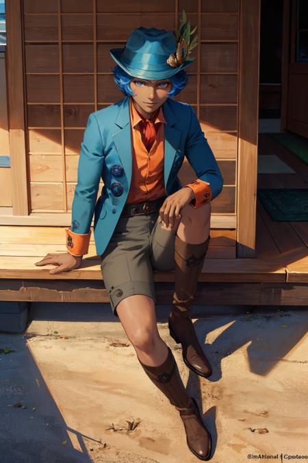 krishnasmt, hat, dark-skinned male, blue hair, jacket, shorts, boots