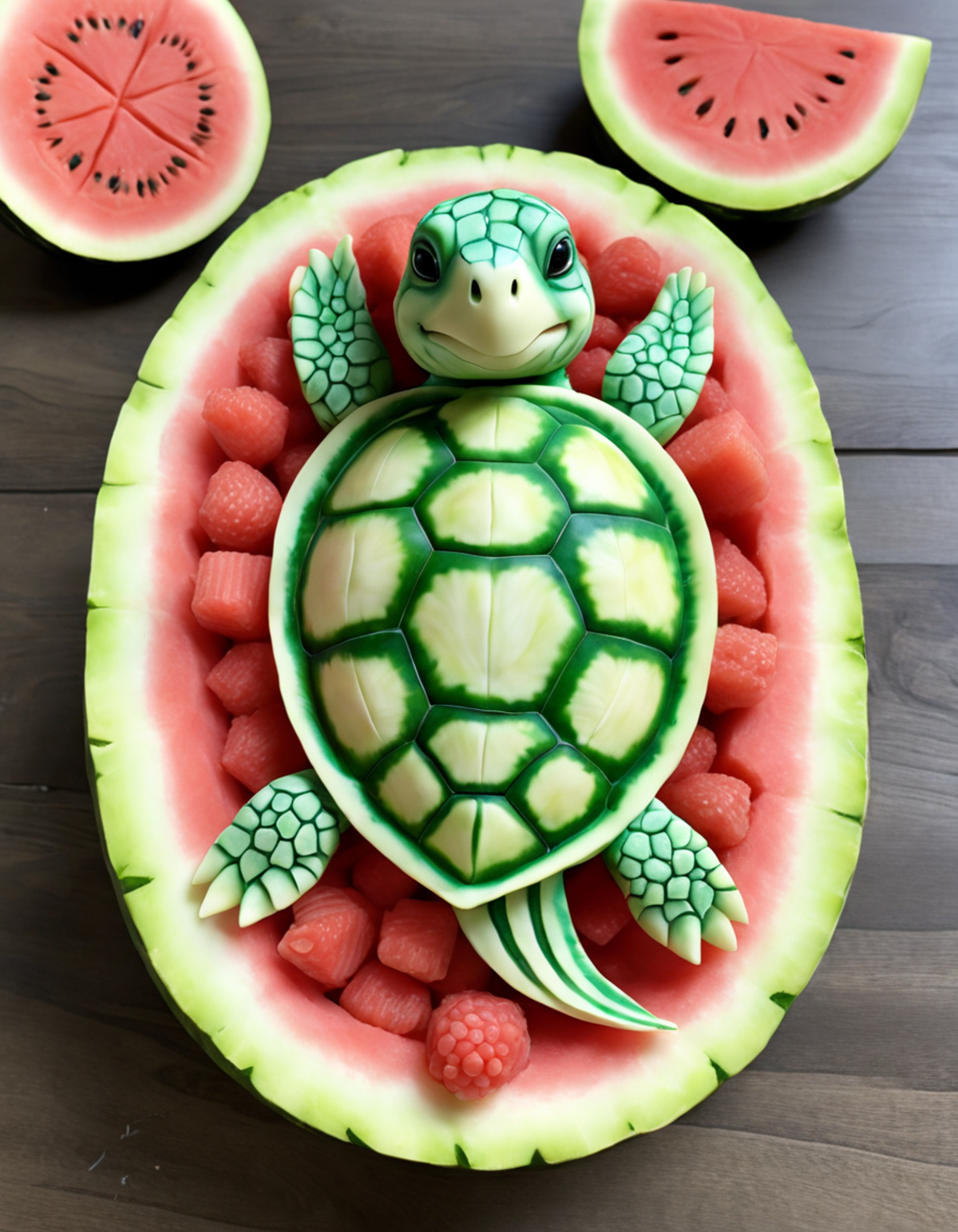 A green and white turtle sculpture made from watermelon and strawberries.