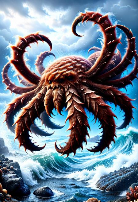 "Ancient mystical giant crab with flowing Wookiee-style fur along its massive claws and body, standing on a rocky shore under a stormy sky, eyes glowing with an otherworldly light, covered in intricately detailed armor made of enchanted shells and coral, vertical fantasy portrait, dramatic ocean waves crashing in the background, magical aura of protection and strength, ethereal mist rising from the water, highly detailed, mythical warrior creature, symbolic of resilience and ancient power"