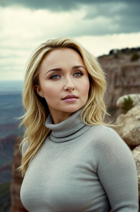 A photorealistic image of Hayden Panettiere woman in a turtleneck sweater, on a cliff edge, cloudy sky, analog film grain, bokeh, side view