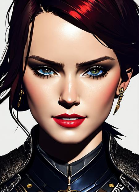 modelshoot style, illustration of sks woman as thief in leather armor, smirk, beautiful detailed eyes, cinematic, drawn by Greg Rutkowski, Yoji Shinkawa:0.6, vibrant colors, <lora:locon_daisy_v1_from_v1_64_32:1.3>