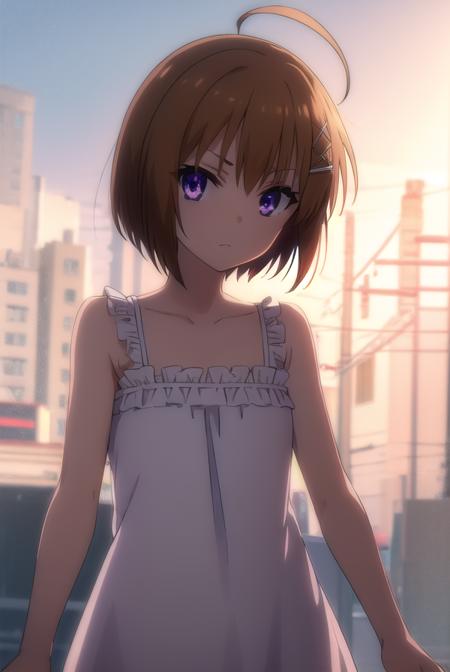 haruna, short hair, brown hair, (purple eyes:1.1), ahoge, hair ornament, x hair ornament, dress, collarbone, frills, bow, sleeveless, bare arms,