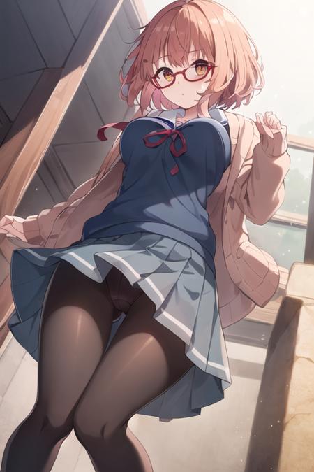 (1girl), solo, <lora:Mirai:0.5>, kuriyama_mirai, brown_hair, brown_shoes, black_legwear, blue_skirt. cardigan, glasses, open_cardigan, open_clothes, pantyhose, pleated_skirt, red-framed_eyewear, school_uniform, serafuku, short_hair, skirt, (extremely detailed), breasts, detailed hair, best resolution, best quality, (standing), ((from below)), below skirt, under the skirt, (close view on underwear from below), upshirt, <lora:upshirtUnderboob_v10:0.35>, best resolution, best quality, (Masterpiece), extremely detailed face, Original Character, perfect lighting, best colors, colorful, beautiful, fine detail, ultra high resolution, Natural Volumetric Lighting And Best Shadows, Deep Depth Of Field, (Highest Quality, Amazing Details:1.4)