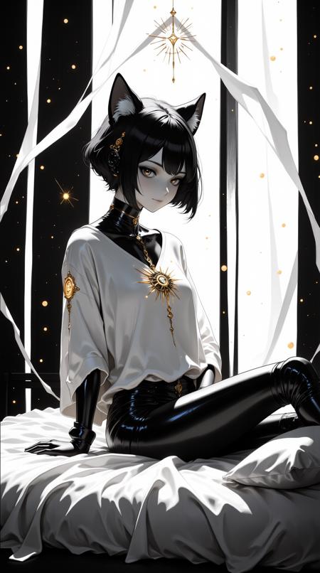 A black-and-white android girl with large cat-like ears sits gracefully on a white bed, her entire form rendered in glossy monochrome tones. Her short bob-cut hair is a smooth gradient of white to charcoal, with soft reflections playing across her sleek surface. Her face is minimalist yet expressive, with large dark eyes and a small glowing symbol in the center of her forehead.

Her body is composed of reflective black and silver plating, sculpted in smooth, organic curves. She wears an oversized pure white shirt that drapes loosely over her frame, creating a stark contrast against her metallic skin. At the center of the shirt glows a highly detailed, radiant compass emblem — ornate and luminous, like a relic from a divine machine.

Around her, faint golden sparkles drift in the air, illuminating the soft fabric and giving the scene a sacred, sci-fi reverence. A gentle triangular beam of white light descends from above, framing her in celestial clarity. The composition feels serene yet powerful — a black-and-white goddess wrapped in divine light and futuristic grace.