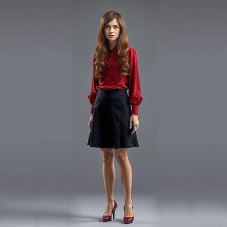 Create a realistic image of a young thin Caucasian man with a femenine face that is dressed as a woman. He's wearing a short black skirt, a red blouse, heels and a brown long wig. He looks ashamed and shy.