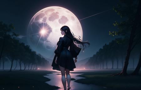 photorealistic, (hyperrealistic:1.2), beautiful, masterpiece, best quality, extremely detailed face, perfect lighting, from behind, full body, full moon, night, dark, outdoors,