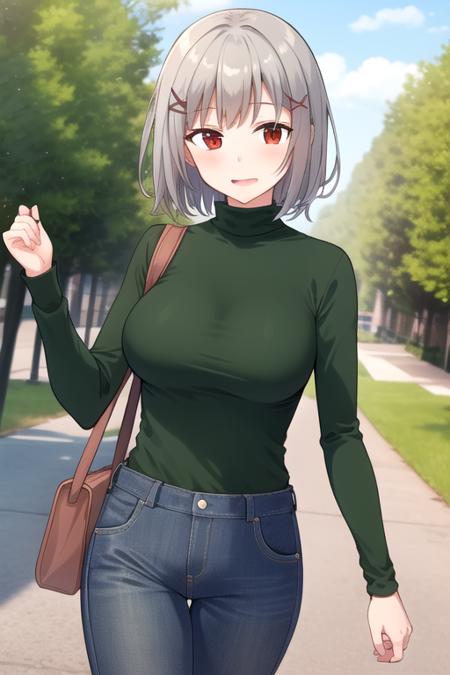 grey hair,medium hair,x hair ornament,hairclip,bangs,red eyes green turtleneck,green shirt,long sleeves,large breasts,underbust,jeans,loafers