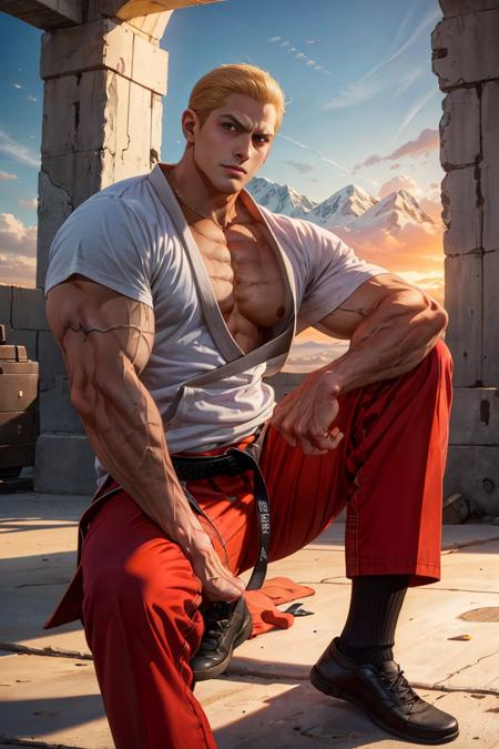 masterpiece, best quality, detailed, 1guy, 45y.o. , GeeseHoward, shirtless, red pants, black belt, white jacket, sunrise, backlighting:1.2, socks <lora:GeeseHowardV2-000004:0.9> mountains, sitting, highly detailed, high contrast , digital colors, bright colors black pants, perfect face, looking to viewer,  best quality, masterpiece, highres, perfect picture, highly detailed, high contrast , colored, bright colors