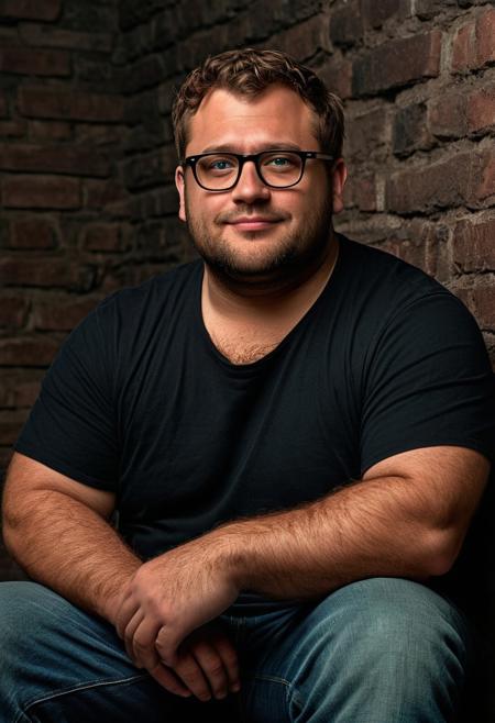 ((cinematic hazey atmosphere, romantic movie, romance film, arthouse film)), ((dark, night nighttime, dark background, shadows)), Tanned chubby 30 year old German man, wearing a black t-shirt and blue jeans, light brown messy hair, glasses, stubble, doublechin, broad face, blue green eyes, big fat arms, big neck, big belly, (thinker, smart, arrogant, philosophical, wise), gentle smile, (sitting on a bench in dark cellar at night),