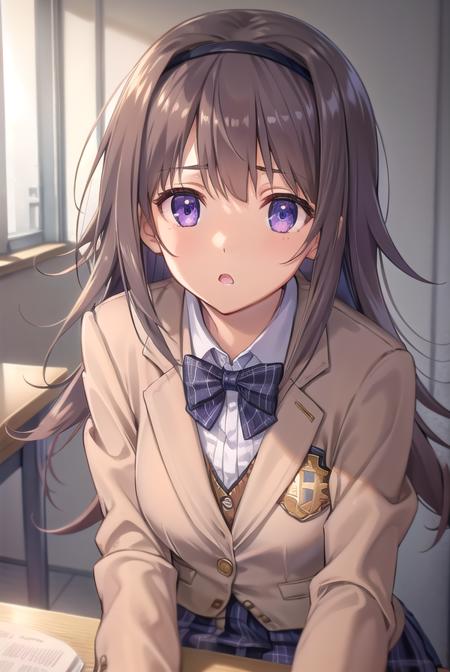 nanaminishijou, <lora:nanaminishijoutest:1>,
nanami nishijou, long hair, brown hair, (purple eyes:1.1), hairband, hair between eyes,
BREAK skirt, school uniform, jacket, plaid, black pantyhose, plaid skirt, blazer, (brown jacket:1.2), (brown blazer:1.2),
BREAK looking at viewer,
BREAK indoors, classroom,
BREAK <lora:GoodHands-vanilla:1>, (masterpiece:1.2), best quality, high resolution, unity 8k wallpaper, (illustration:0.8), (beautiful detailed eyes:1.6), extremely detailed face, perfect lighting, extremely detailed CG, (perfect hands, perfect anatomy),