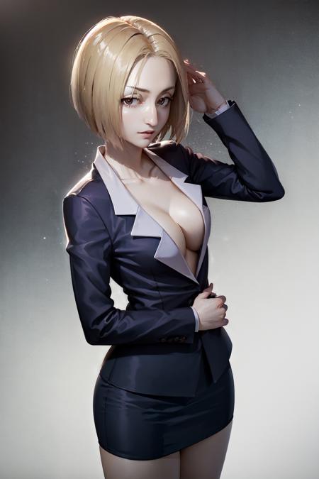 (masterpiece, best quality:1.2), <lora:hxh_pakunoda-10:0.8>, cowboy shot, solo, 1girl, pakunoda, expressionless, formal, suit, pencil skirt, cleavage, breasts