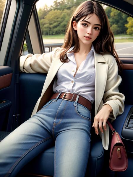 Realistic photo of a beautifuld41sy3dg4r woman,1girl,solo,long hair,brown hair,shirt,long sleeves,brown eyes,sitting,jacket,white shirt,open clothes,belt,pants,bag,open jacket,lips,black jacket,looking to the side,window,arm support,denim,ground vehicle,motor vehicle,jeans,handbag,realistic,unbuttoned,car, soft lighting, professional Photography, Photorealistic, detailed, RAW, analog, sharp focus, 8k, HD, high quality, masterpiece<lora:d41sy3dg4r:1.0>