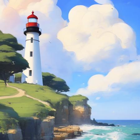 beautiful cute cozy little lighthouse by the sea, puffy clouds, style of hayao miyazaki, digital art trending on artstation, by samdoesarts