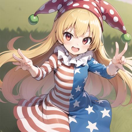 masterpice,1girl,dress,solo,clownpiece, smile<lora:lora_clownpiece_locon-000010:0.95>