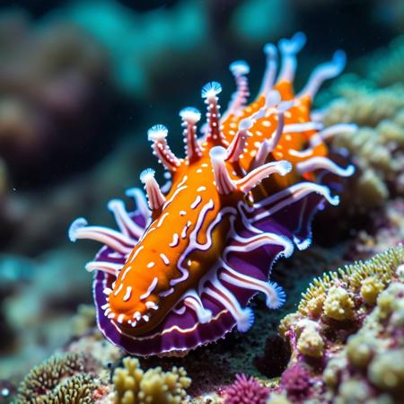 underwater high angle shot of close up of a colorful Nudibranch sea slug on a coral with a blurry background, underwater macro photography, a macro photograph, naturalism