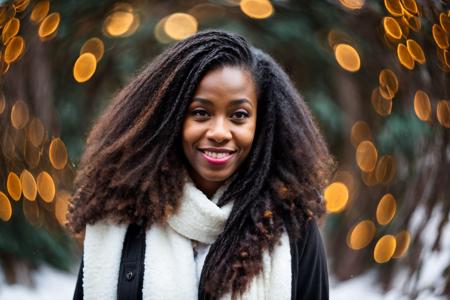 <lora:gelios40bokeh_v2-000007:0.7>,gel40bo,(black woman:1.3), (bokeh:1.4), (snow:1.2), (xmas:1.4),