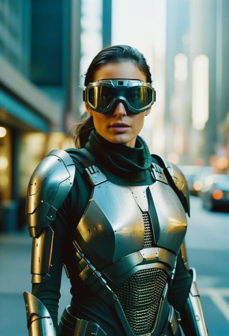 score_9, score_8, score_7, score_6, analog film photograph, less contrast, soft rimligh, Fujifilm pro400H, Cinematic Film Style, upper body shot, female bounty hunter, science fiction armor, hi-tech armor, polished armor, goggles, science fiction, cyberpunk style, distopian futuristic city street, depth of field, bokeh, dof, high detailed texture, ultra-detailed, Original Character, Beautiful character design, official art, perfect body, perfect exposure, high res image,masterpiece,best quality