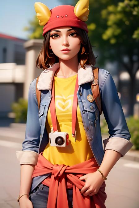 (realistic:1.5), <lora:SkyeEXP:0.7>, xyzskye, skye, clothes around waist, jacket, yellow shirt, red headwear