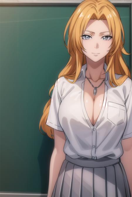 rangikumatsumoto, <lora:rangikumatsumoto-lora-nochekaiser:1>,
rangiku matsumoto, long hair, (grey eyes:1.5), orange hair, mole, mole under mouth, parted bangs, <lora:sensualface_type2:1>, smile,
BREAK skirt, shirt, cleavage, jewelry, school uniform, pleated skirt, necklace, chain, collar, short sleeves, grey skirt, white shirt,
BREAK indoors, classroom,
BREAK looking at viewer, (cowboy shot:1.5),
BREAK <lyco:GoodHands-beta2:1>, (masterpiece:1.2), best quality, high resolution, unity 8k wallpaper, (illustration:0.8), (beautiful detailed eyes:1.6), extremely detailed face, perfect lighting, extremely detailed CG, (perfect hands, perfect anatomy),