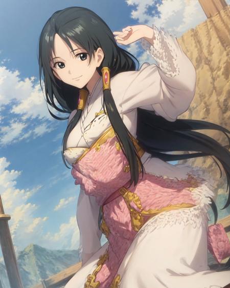 masterpiece,best quality,highly detailed, extremely detailed CG unity 8k wallpaper,illustration,Hakuei Ren,black hair,black eyes,medium breasts,light smile,facing viewer,looking at viewer,arm at side,solo,solo foucs,wariza,day,sunlight,white cloud,blue sky