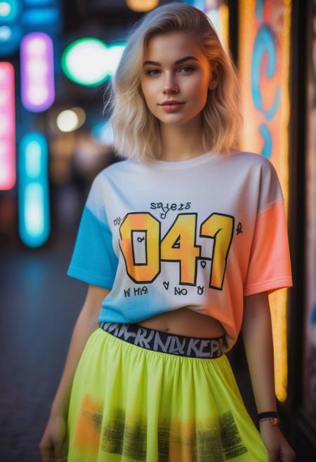 woman wearing graffiti print oversized tee, neon circle skirt, 80s style neon-lit signs, Vibrant signs advertising various shops and attractions,