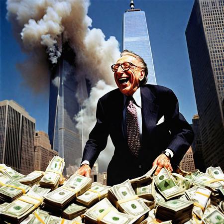 Larry Silverstein laughing in a pile of money in front of a smoking World Trade Center