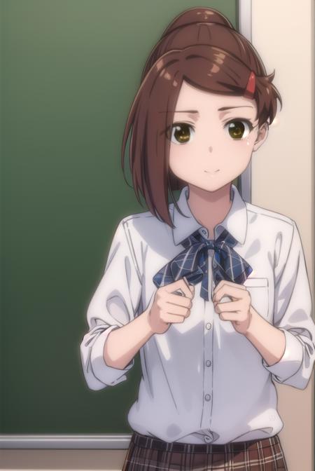 akosuminoe, <lora:ako suminoe ova-lora-nochekaiser:1>,
ako suminoe, short hair, brown hair, hair ornament, (brown eyes:1.5), ponytail, hairclip, smile,
BREAK skirt, shirt, school uniform, white shirt, socks, plaid, kneehighs, plaid skirt,
BREAK indoors, classroom,
BREAK looking at viewer, (cowboy shot:1.5),
BREAK <lyco:GoodHands-beta2:1>, (masterpiece:1.2), best quality, high resolution, unity 8k wallpaper, (illustration:0.8), (beautiful detailed eyes:1.6), extremely detailed face, perfect lighting, extremely detailed CG, (perfect hands, perfect anatomy),