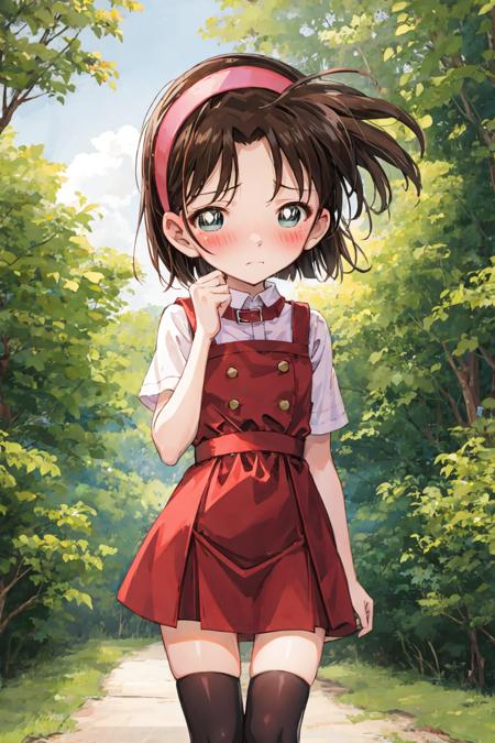 ayumiyoshida, child, blue eyes, short hair, brown hair, bangs, hairband, short dress, embarrassed, blush, standing, forest <lora:ayumi-v2:1>