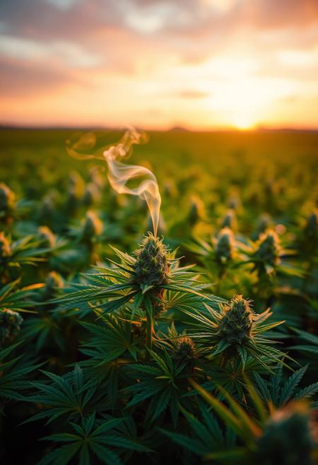 vibrant cannabis field, (lush green leaves:1.4), (sunset glow:1.2) casting warm light over the plants, (detailed textures:1.5), smoke swirling softly in the air, (cannabis buds:1.3) glistening with trichomes, peaceful and serene atmosphere, (natural light:1.4), wide field stretching into the distance, (colorful sky:1.2) with shades of pink and orange, (high-definition:1.6), (ultra-realistic textures:1.5), close-up details of cannabis plants, (soft focus in the background:1.2), modern, laid-back aesthetic, perfect for a cannabis culture feature, chill and relaxed vibe, (overexposed:-1.4), (unnatural colors:-1.5), (blurry:-1.6), (low-resolution:-1.7), (harsh lighting:-1.5), (distorted textures:-1.6)