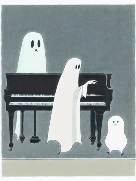 <lora:EdwardGorey:1>a drawing of a ghost sitting at a piano next to a ghost playing the piano by Edward Gorey