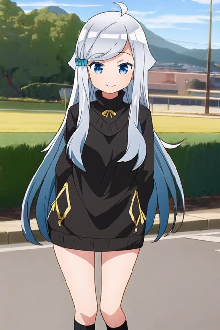 <lora:nayuta_kani-10:1>, nayuta_kani, 1girl, solo, long hair,  blue eyes, hair ornament, long sleeves, dress, jewelry, ahoge, grey hair, socks, sweater, scrunchie, hair flaps, hair scrunchie, blue scrunchie, looking at viewer, outdoors, smile, arms behind back, cowboy shot,