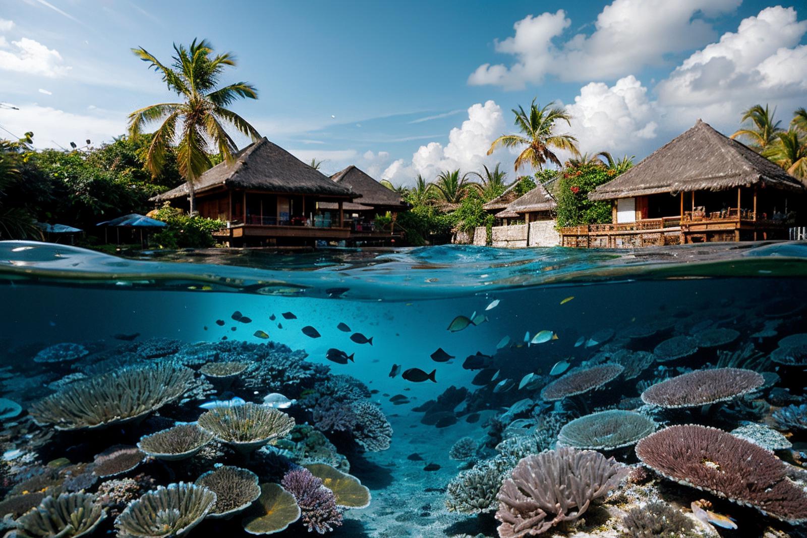 A beautiful underwater scene with a variety of fish, coral, and tropical houses on the shore.