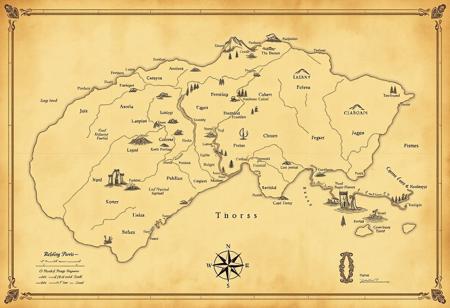 Elegant map of a vast fantasy world with an old, vintage feel. Minimalist design, aged parchment texture, delicate borders. Elegant calligraphy for labels, classic cartography style. Text written in a mysterious alphabet script. Smooth coastlines, rivers, hills, mountains and forests. Small towns, castles, and ports marked with basic icons. Intricate compass rose, subtle grid lines. Muted colors, sepia tones, and faded ink for an ancient, timeworn appearance. Map exudes an air of history and elegance, like an artifact from a forgotten era.