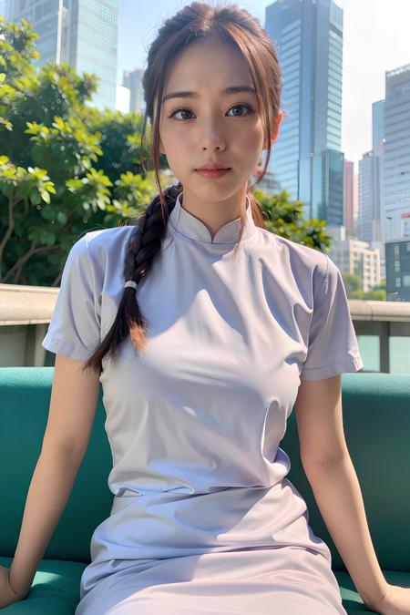 1woman, sitting, 18yo, daytime, outdoor, Hong Kong city skyline, (looking at viewer:1.5), masterpiece, best quality, HDR,UHD,8K, (upper body:1.5), <lora:CheongsamV4:0.6> <lora:CheongsamV3:0.2>, short sleeve, white cheongsam,