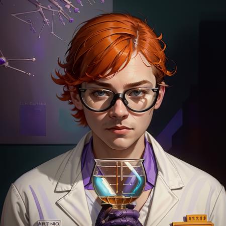 (masterpiece), (extremely intricate), (((photorealistic photo of a boy scientist, orange hair, glasses))), (((purple gloves, closed white lab-coat, intricate details on clothing))), (perfect composition:1.4), ((laboratory background)), deviantart hd, artstation hd, concept art, detailed face and body, award-winning photography, margins, detailed face, professional oil painting by Ed Blinkey, Atey Ghailan, Jeremy Mann, Greg Manchess, Alex Gray, trending on ArtStation, trending on CGSociety, intricate, high detail, sharp focus, dramatic, award winning matte drawing cinematic lighting octane render unreal engine volumetrics dtx <lora:dextr95_V12:0.5>