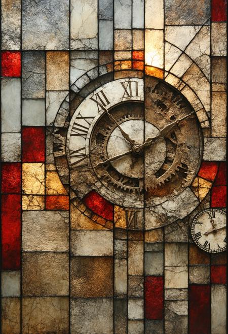 Construct a photorealistic depiction of a colossal, ancient clockwork mechanism, fractured into stained-glass planes. Multiple perspectives collapse into a single, complex composition, with gears, levers, and springs rendered as geometric shards radiating a soft, internal glow. The color palette employs deep bronze, aged ivory, and saturated ruby red, highlighting intersecting lines and fragmented forms. Integrate subtle photorealistic details within each glass fragmentâthe etching of numerals, the texture of aged metalâto create a compelling blend of abstract geometry and tangible history, evoking a sense of grand, decaying machinery.