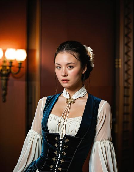 RAW full body analogue photo of a beautiful 25 years old woman, clear focus, high resolution image, Asian woman, dark hair, <lora:Ai_Lotus:0.75>,,  ,wearing A velvet frock coat layered over a high-neck chiffon blouse and a pleated skirt. Add lace stockings, platform boots, and a silk cravat. Finish the look with a pocket watch and a feathered hairpin, (braided hair:1.3),,low light, soft natural light, Rembrandt style light, Hasselblad DLSR camera, 200mm Zeiss lens, f/2.8, ,Sexy pose, erotic pose, exhibitionism, ,Abandoned theater
