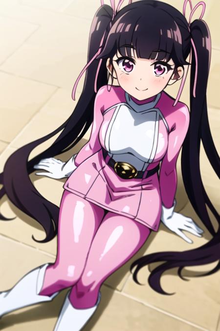 masterpiece, best quality, <lora:haru_arisugawa:0.7> haru_arisugawa, 1girl, solo, pink eyes, black hair, long hair,  twintails, hair ribbon, smile, looking at viewer, pink bodysuit, multicolored bodysuit, pink skirt, white boots, white gloves, belt, pink sleeves, sitting,