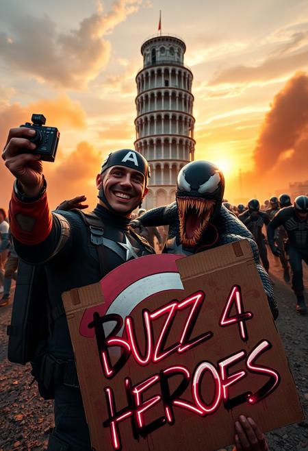 Marvel icons, Captain America and Venom, are caught in a high-energy selfie in front of the Leaning Tower of Pisa during an intense, action-packed moment. Captain America, with his iconic shield strapped to his back, holds a vintage Kodak MC3 camera, perfectly capturing the scene. Venom strikes a chaotic pose, his tendrils playfully wrapped around Cap, as they both grin for the shot. In the background, a massive Sion army emerges from swirling dust clouds, their dark, futuristic armor reflecting the dim light of the setting sun, which casts dramatic shadows over the Leaning Tower of Pisa.
In the foreground, a neon, graffiti-styled cardboard sign reads ‘BUZZ 4 HEROES,’ glowing with holographic effects, as if the moment were part of a larger, dangerous mission. The tower leans ominously under a fiery sunset sky, while the Sion army advances, adding a sense of impending danger to this wild yet thrilling superhero adventure frozen in time