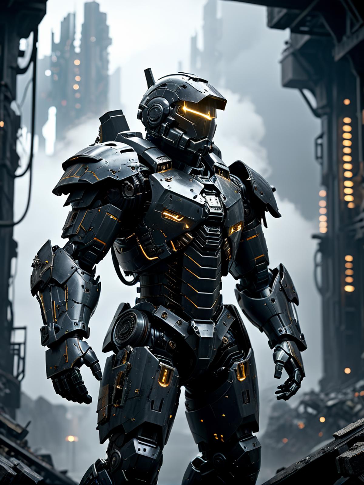Futuristic Robot Suit with Yellow Eyes and Armor in a Dark Industrial Setting