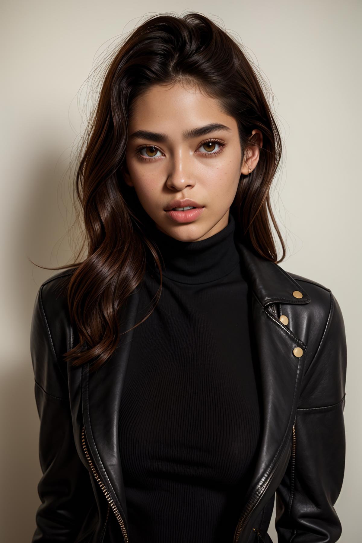 A woman with brown hair and light brown eyes wearing a black leather jacket and a black turtleneck.