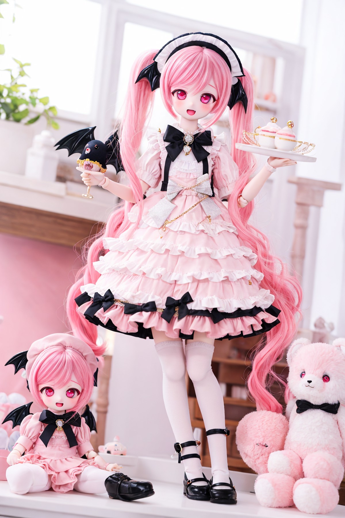dd,doll,1girl, joints, doll joints, pink hair, long hair, dress, twintails, solo, pink eyes, socks, kneehighs, shoes, stuf...