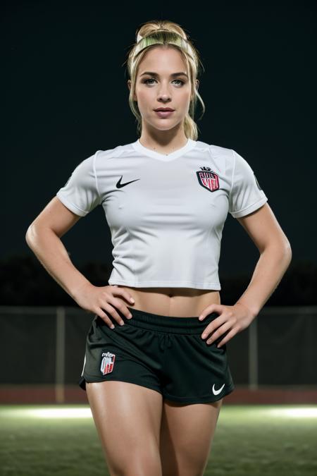 professional photograph of <lora:GemmAtkins20byMal (1880):0.95> GA1 woman as a female football player, she's wearing black shorts and a white and red tshirt, she's in a soccer stadium, walking on the grass, night time, 4k, 8k, hyper detailed shadows, moon in the sky, starry night, she looks inspired, determined, green eyes, blonde hair tied up in a ponytail, long socks, it's a movie scene, moonrays, ray-tracing, sweaty, fit body.