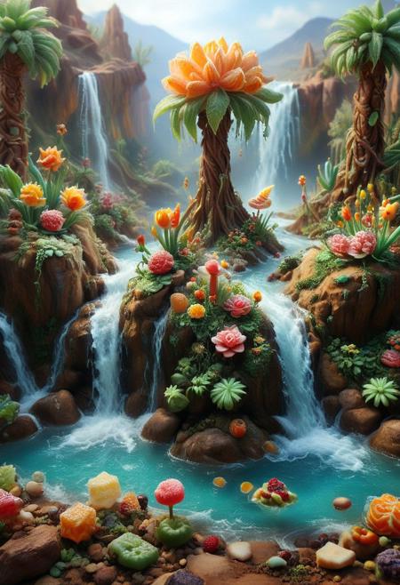 candy ,tilt-shift photo of best quality double exposure complex surreal painting on cracked paper, macro, microworld,  hyperdetailed,   insanely detailed, surreal, tiny genie spirit creature, flying oasis landscape placed inside a cup on the table in room. waterfall, lotus flowers,temple palms desert filigree, table cinematic, big eyes 32k, by Rockwell, WLOP Ryniac, Craola, Disney, van Gogh, highly detailed, intricated, intricated pose, high quality, centered, perfect composition.,
<lora:Midjourney_-_SemiReal_Dreams_FLUX_LoRA:1>,<lora:hyper-detail-illustration:1>, Selective focus, miniature effect, blurred background, highly detailed, vibrant, perspective control