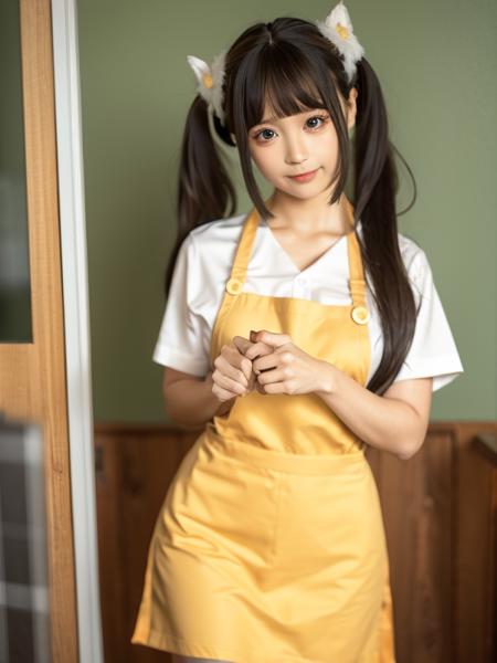 <lora:chunmmfullbody_v1:0.8>, chunmomo, 1girl, solo, looking at viewer, ol suit, pencil skirt, blurry, bangs, long hair, smile, apron, closed mouth, blurry, day, blunt bangs, window, twintails, hair ornament, holding, hair bow, yellow bow, pantyhose,