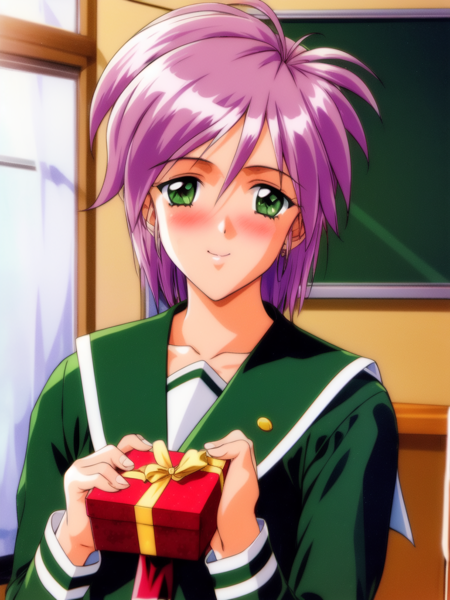 <lora:Yae_Kaori:1>, YaeKaori, 1girl, solo, school uniform, gift, holding, holding gift, 1990s (style), smile, blush, retro artstyle,  box, gift box, long sleeves, upper body, green shirt, serafuku, class_room,
masterpiece, high quality, very_high_resolution, large_filesize, full color,