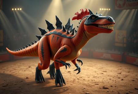A Super Conductor Tyranno dinosaur, vibrant orange skin, sharp black spikes along back and tail, menacing black head with a striking red horn, black limbs poised for action, stands proudly in a dusty World Dino Wrestling arena. Dramatic cinematic lighting, creative angle, isometric perspective. Highly detailed, concept art, game art, 4k, 8k, Octane Render, Unreal Engine 5, trending on Artstation, CGSociety, sharp focus, impeccable composition, dynamic action pose.